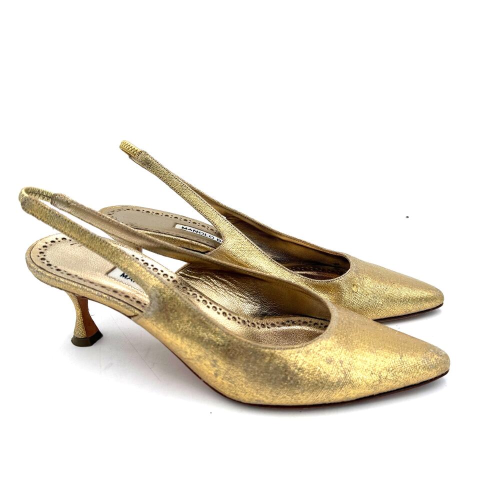 Manolo Blahnik Gold Carolyne Kitten Heel Slingback Pumps Heels Size 36.5 / 6.5